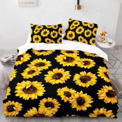 Scandi Dream soft floral Comforter Set – Soft Neutral 3‑Piece Look with bright sunflower pattern on black bedding set in bedroom