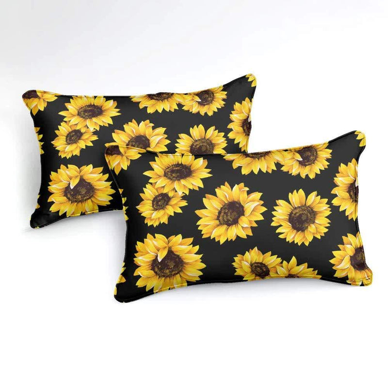Scandi Dream soft floral Comforter Set – Soft Neutral 3‑Piece Look featuring black pillows with bright sunflower print