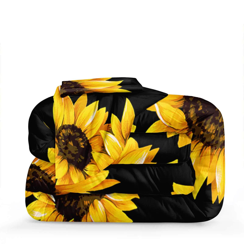 Scandi Dream soft floral Comforter Set – Soft Neutral 3‑Piece Look featuring bright sunflower design on black background