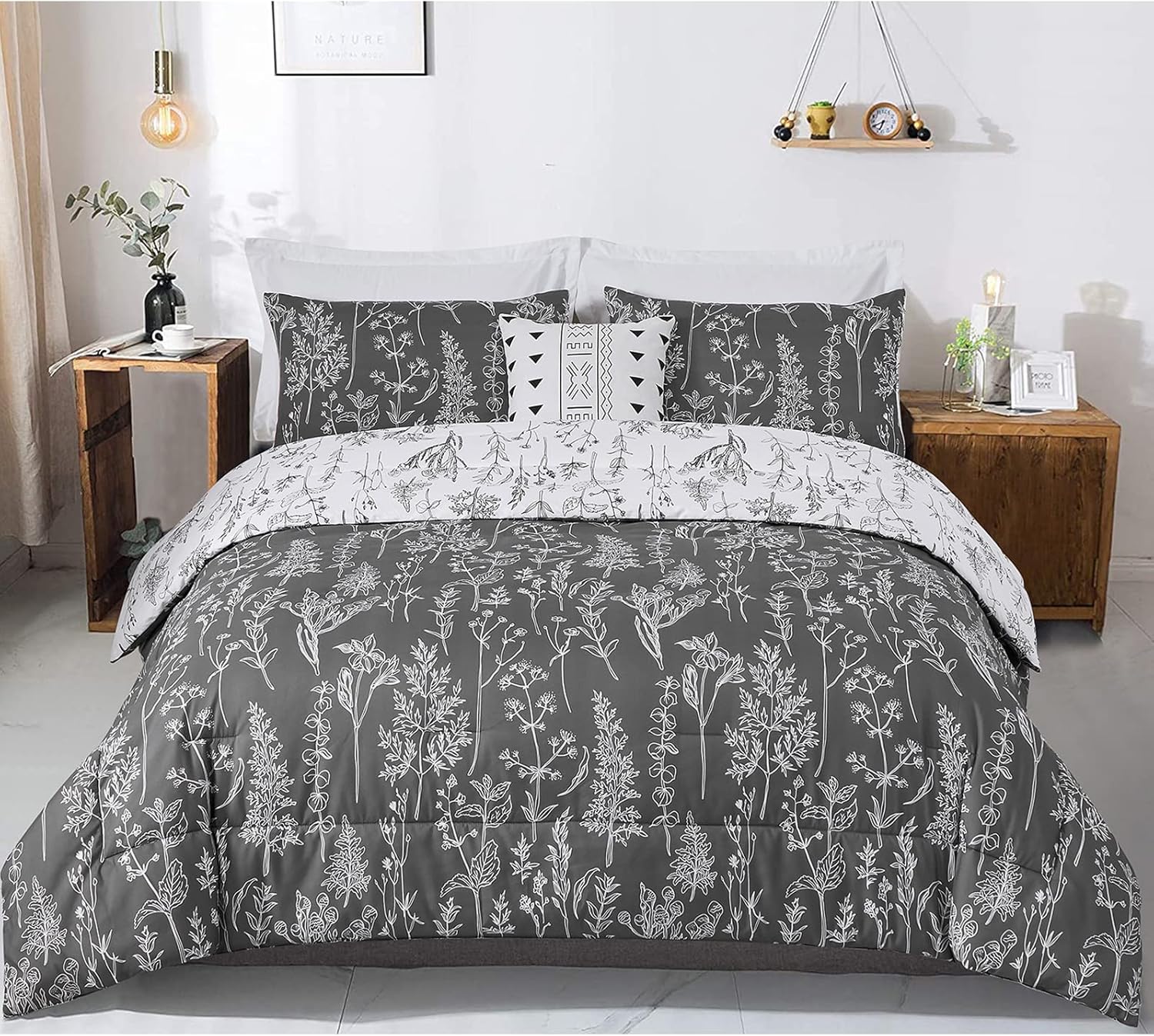 Floral Comforter Set, King Size, Black White Floral Pattern Reversible Bedding on bed with wooden side tables in bedroom setting