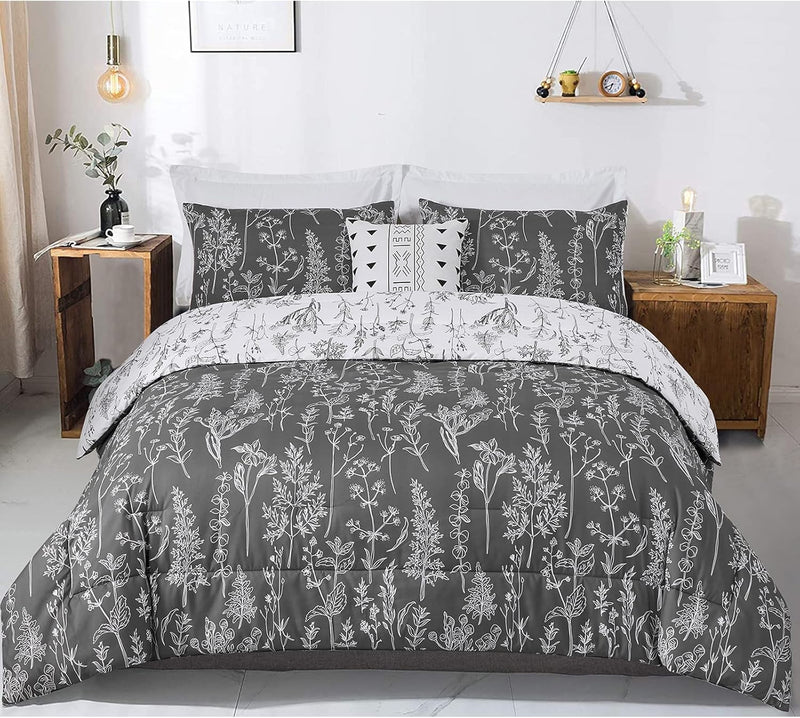 Floral Comforter Set, King Size, Black White Floral Pattern Reversible Bedding on bed with wooden side tables in bedroom setting