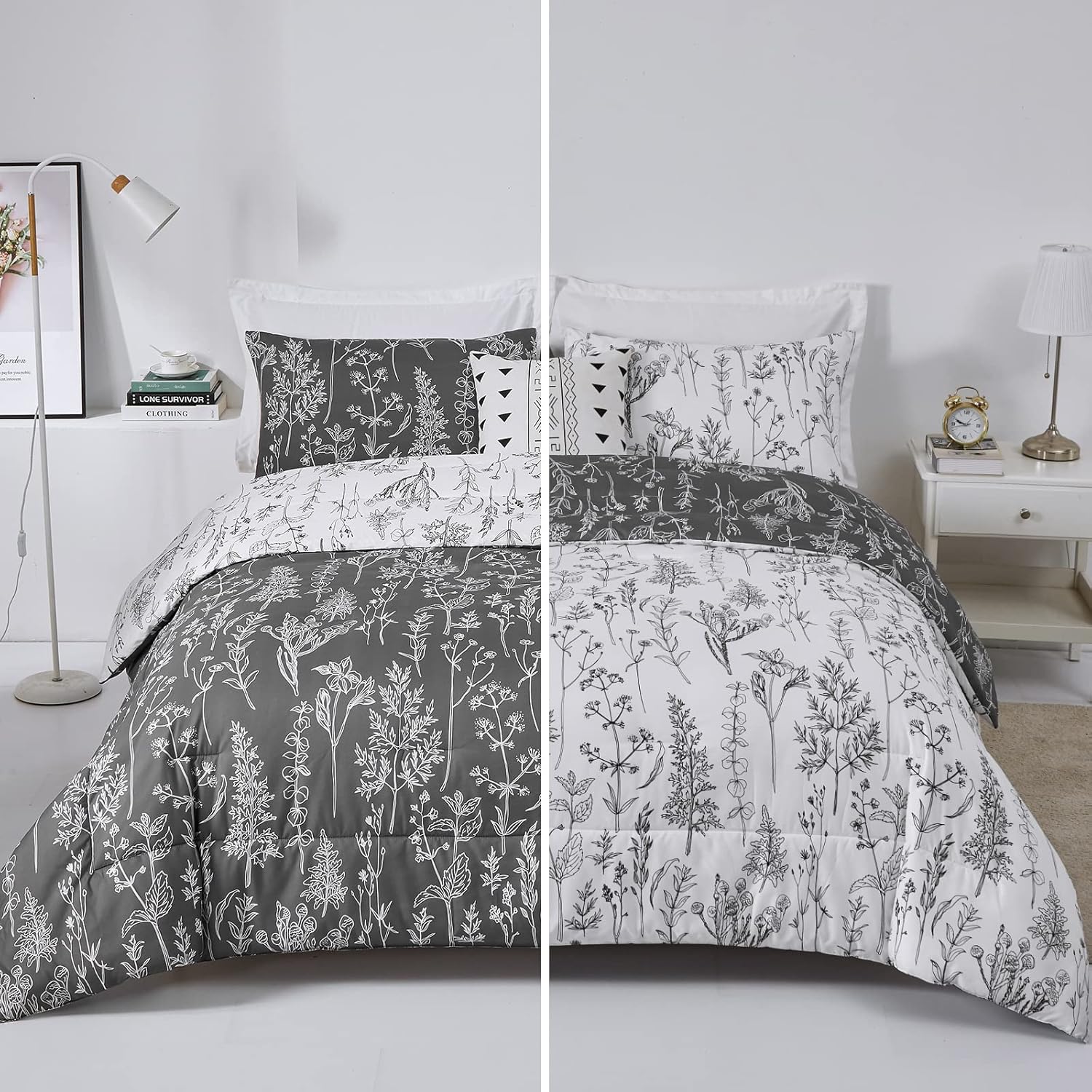 Floral Comforter Set, King Size, Black White Floral Pattern Reversible Bedding displayed on a bed with decorative pillows