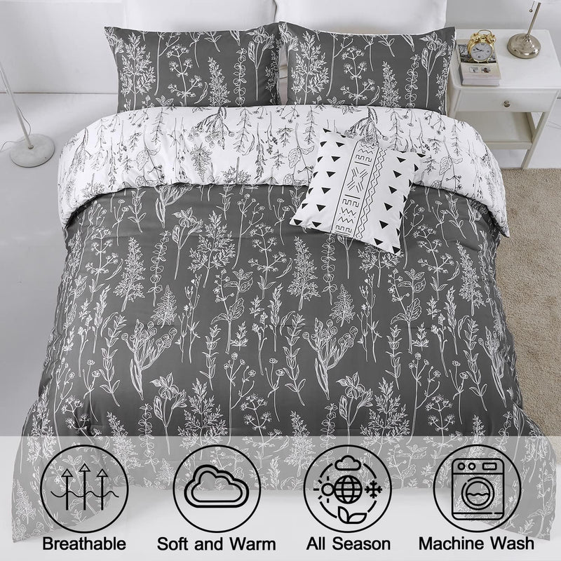 Floral Comforter Set, King Size, Black White Floral Pattern Reversible Bedding on bed with pillows and decorative cushion in modern bedroom