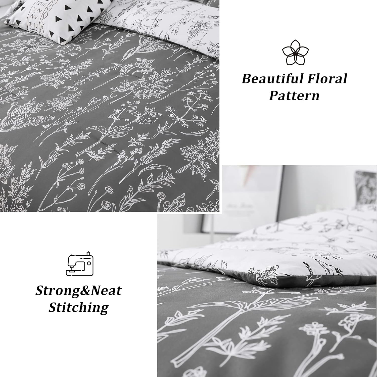 Floral Comforter Set, King Size, Black White Floral Pattern Reversible Bedding with strong stitching and detailed floral design