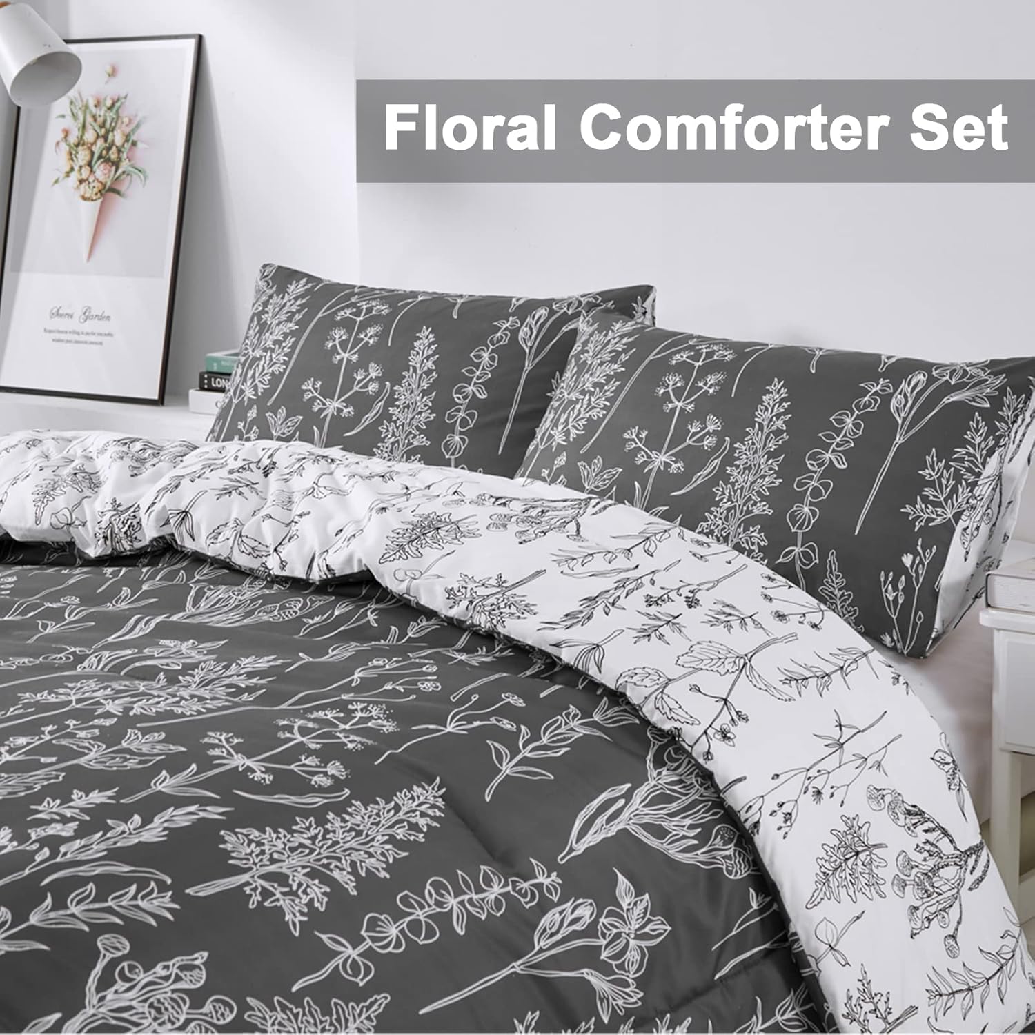 Floral Comforter Set, King Size, Black White Floral Pattern Reversible Bedding on bed in modern bedroom setting