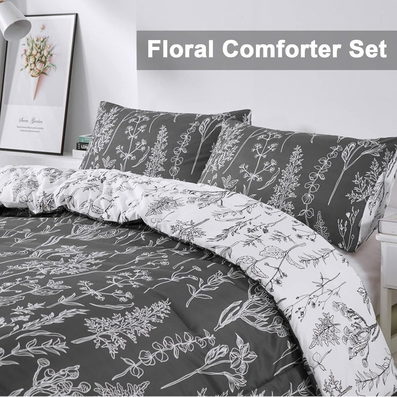 Floral Comforter Set, King Size, Black White Floral Pattern Reversible Bedding on bed in modern bedroom setting