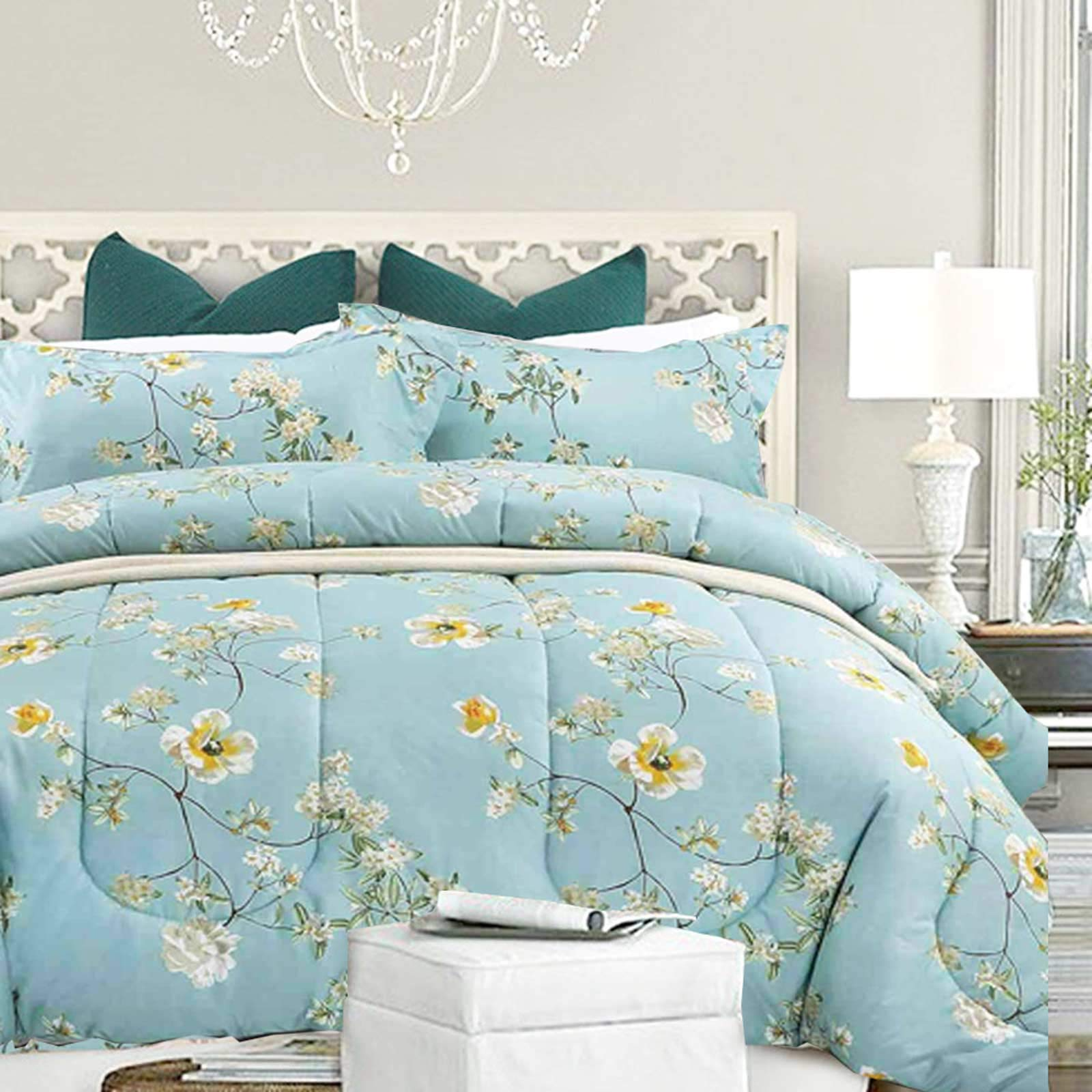 Floral Soft Comforter Set, Queen/King Size, Quilted Bedding for All Seasons with blue floral pattern on bedzy bedstead