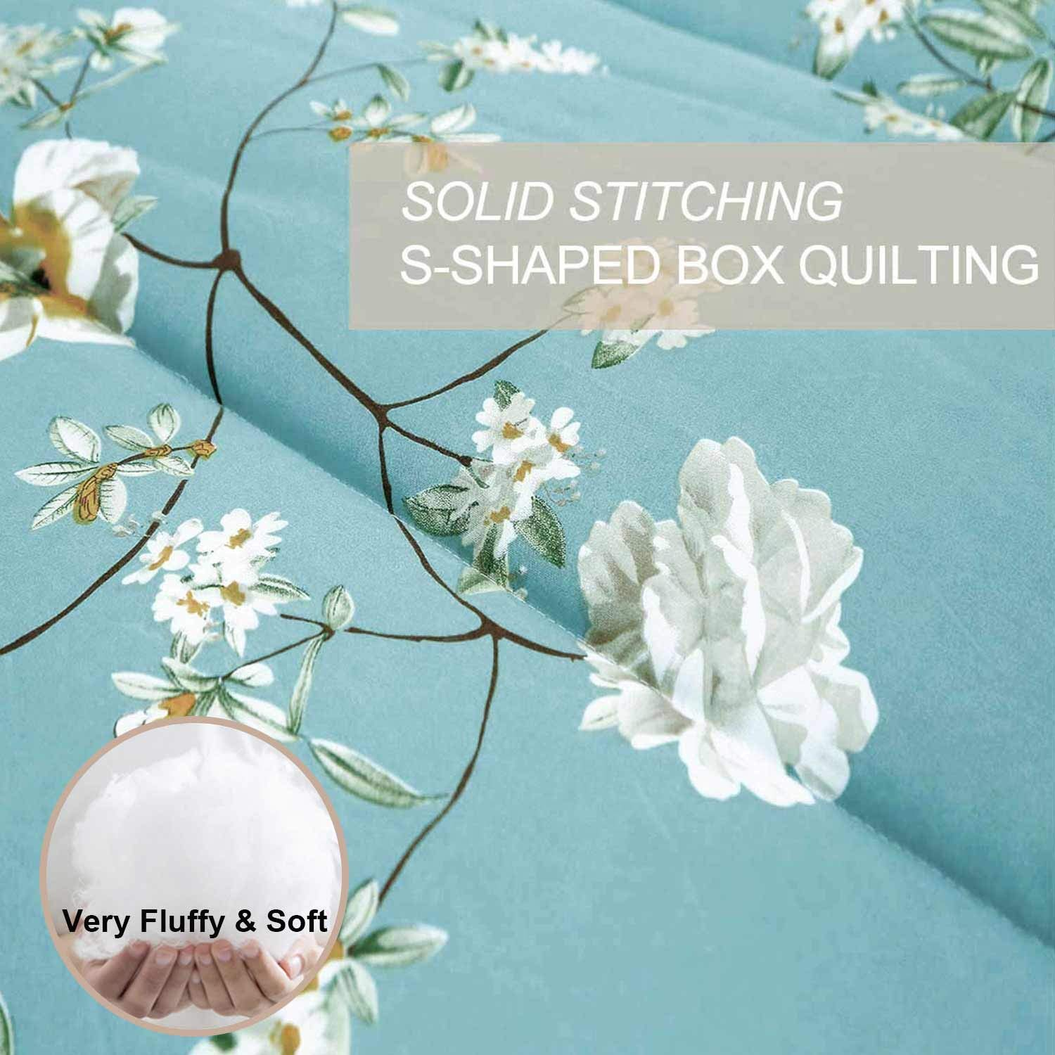 Close-up of floral patterned Floral Soft Comforter Set, Queen/King Size, Quilted Bedding for All Seasons with S-shaped quilting