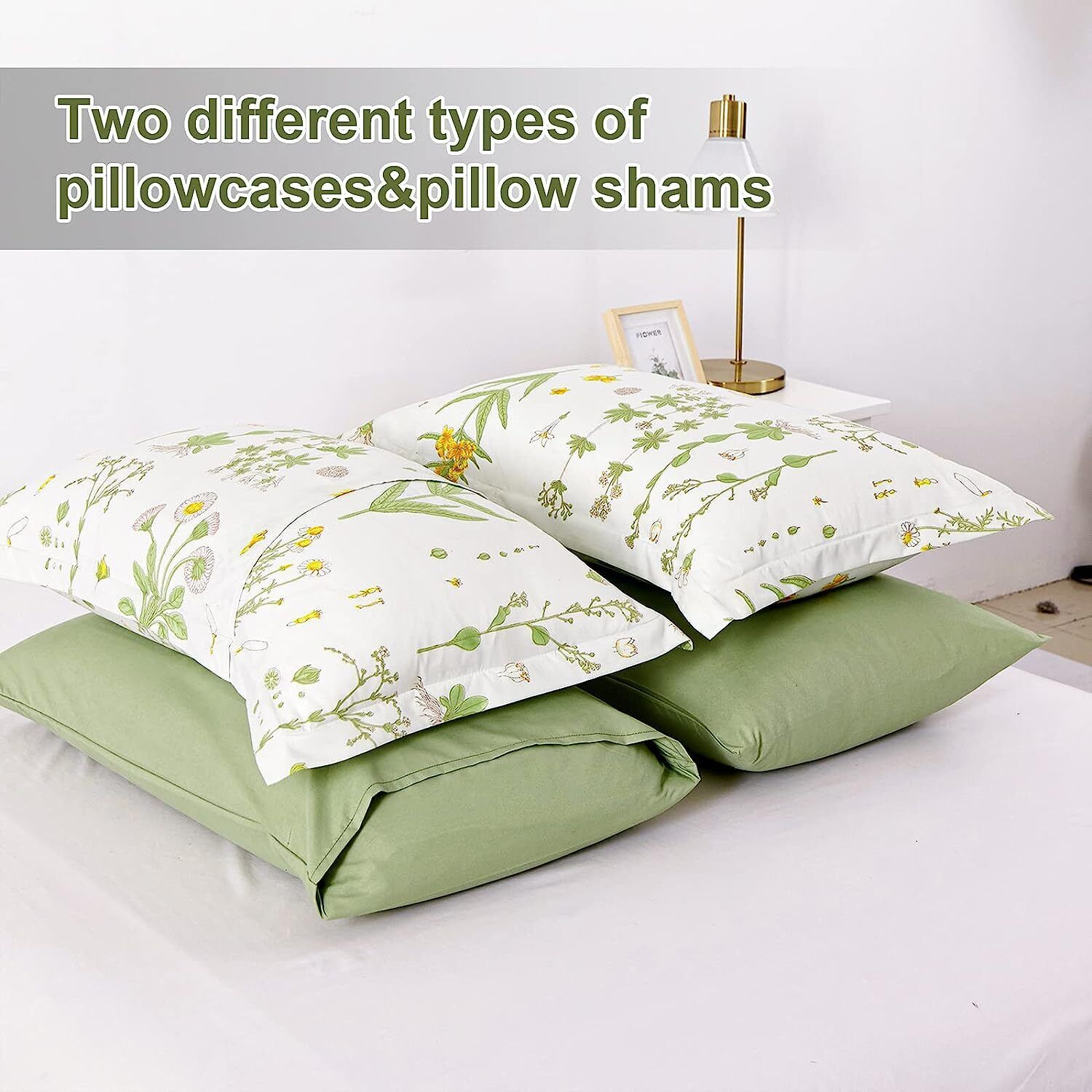 Vintage Delicate green bloom 3 Pc Comforter & Pillow Cover Set with floral pillowcases and solid green pillow shams on white background