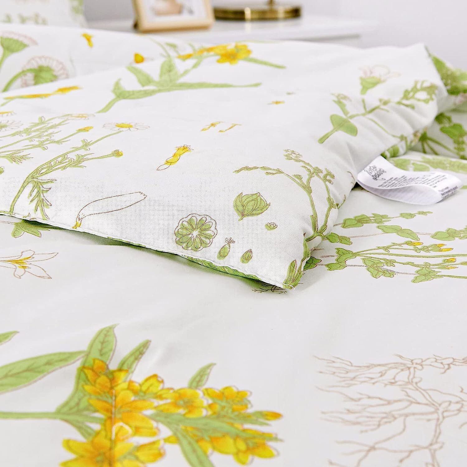 Vintage Delicate green bloom 3 Pc Comforter & Pillow Cover Set with floral pattern in soft green and yellow tones on white background