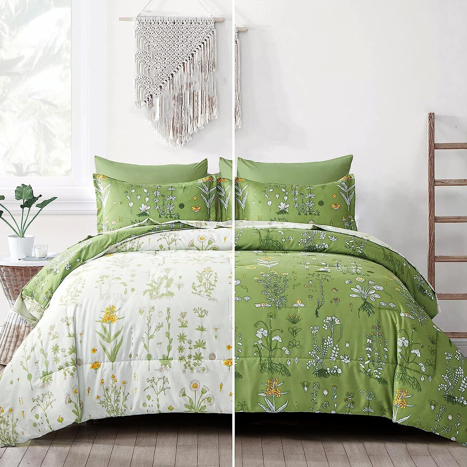 Vintage Delicate green bloom 3 Pc Comforter & Pillow Cover Set with floral prints on reversible green and white bedding