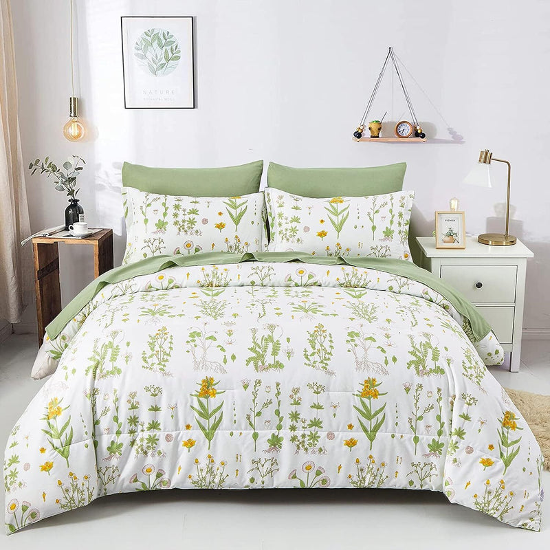 Vintage Delicate green bloom 3 Pc Comforter & Pillow Cover Set with botanical print on bed in bedroom setting