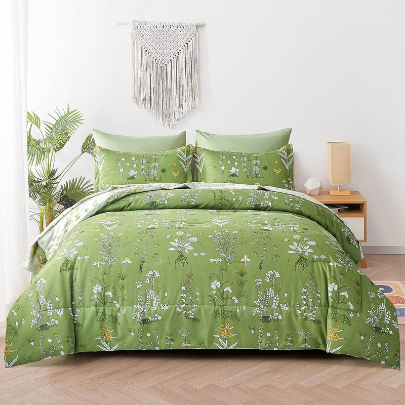 Vintage Delicate green bloom 3 Pc Comforter & Pillow Cover Set on bed in modern bedroom with plant and nightstand