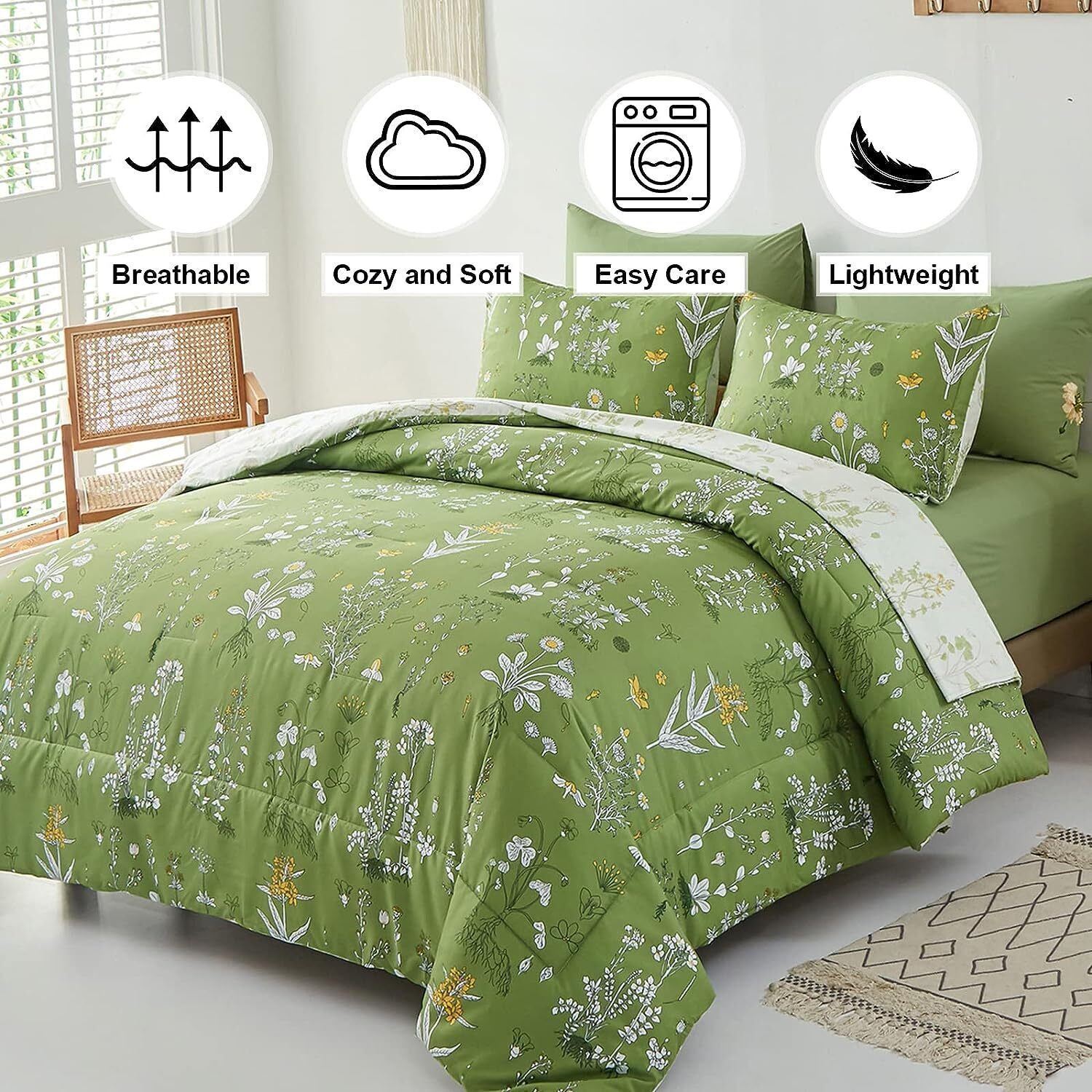 Vintage Delicate green bloom 3 Pc Comforter & Pillow Cover Set on bed with floral pattern in bright bedroom setting