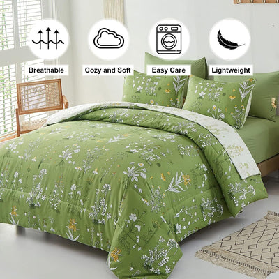 Vintage Delicate green bloom 3 Pc Comforter & Pillow Cover Set on bed with floral pattern in bright bedroom setting
