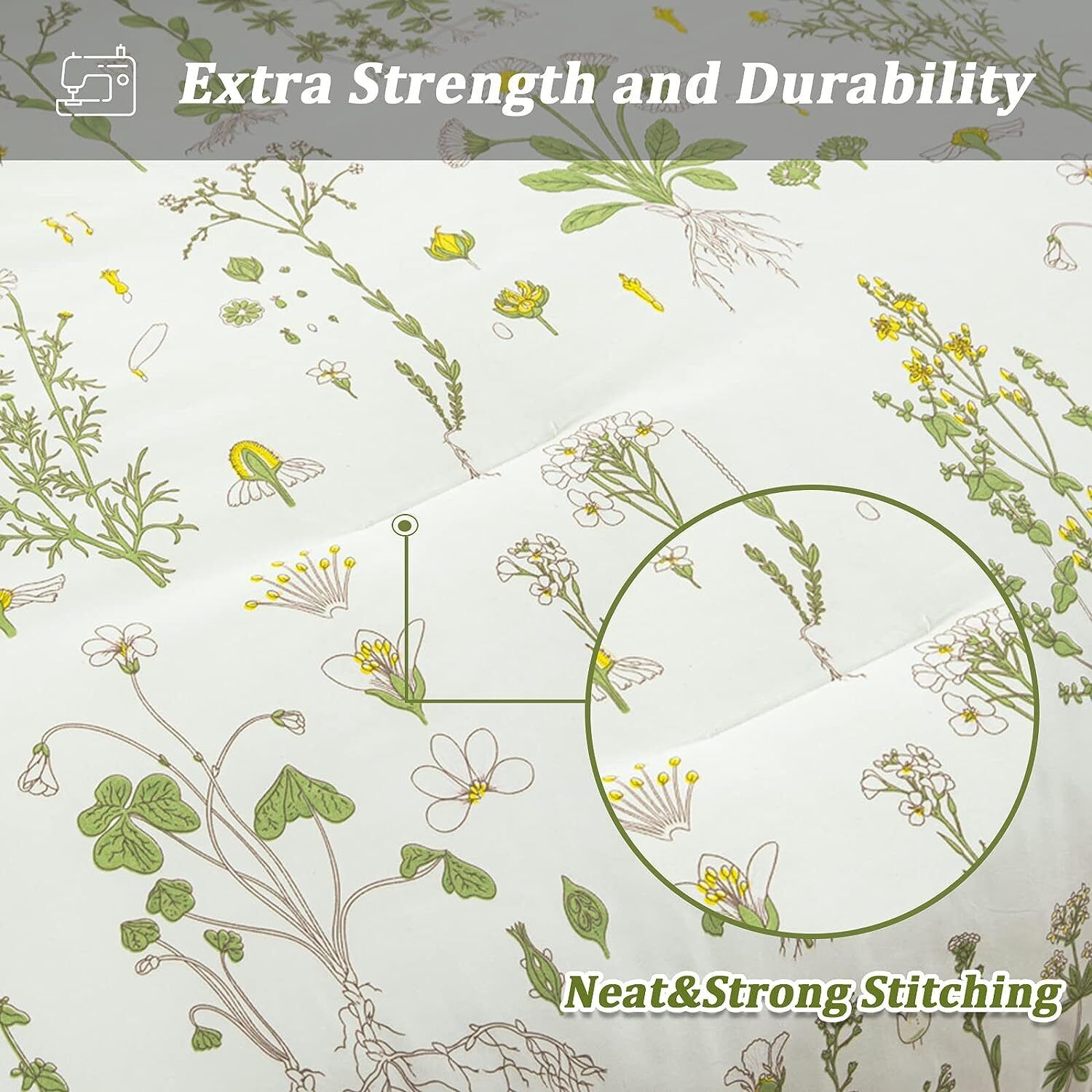 Vintage Delicate green bloom 3 Pc Comforter & Pillow Cover Set showing detailed strong stitching and floral pattern close-up