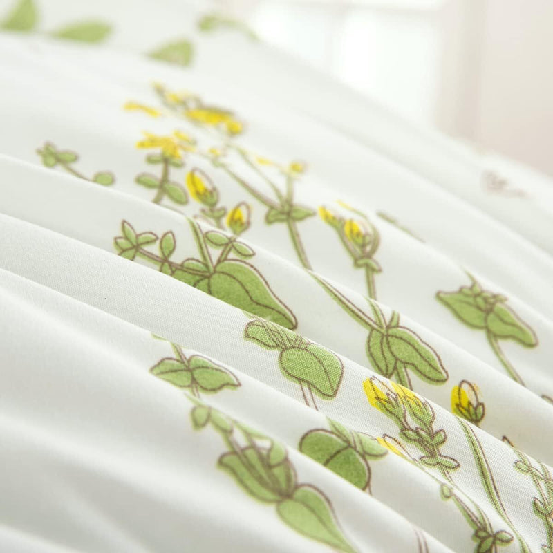 Vintage Delicate green bloom 3 Pc Comforter & Pillow Cover Set with floral pattern on white breathable fabric close-up