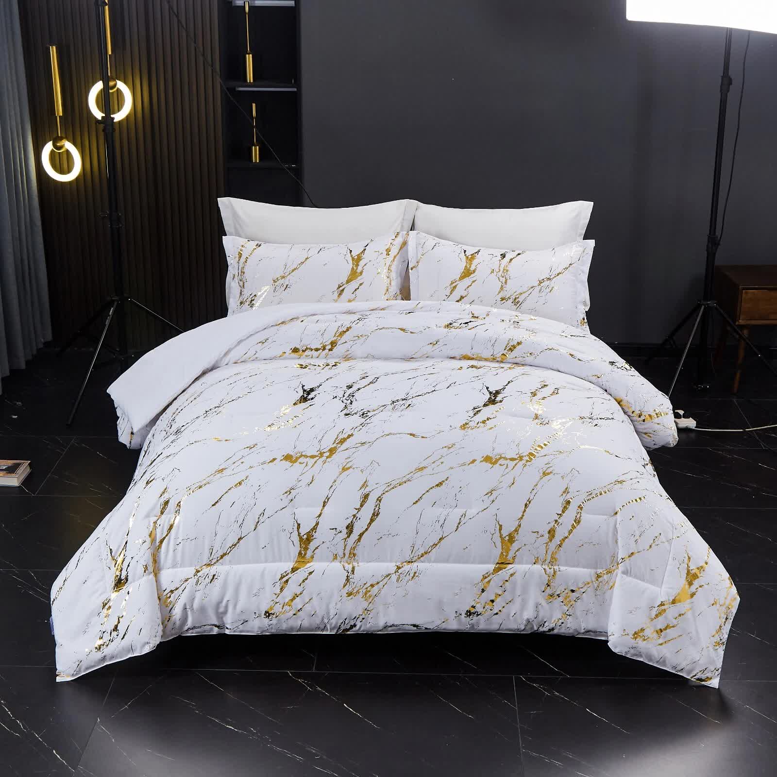 Cloud Rest Bedding Collection – Minimal 3‑Piece Comforter set with white and gold marble design on styled bed in modern bedroom