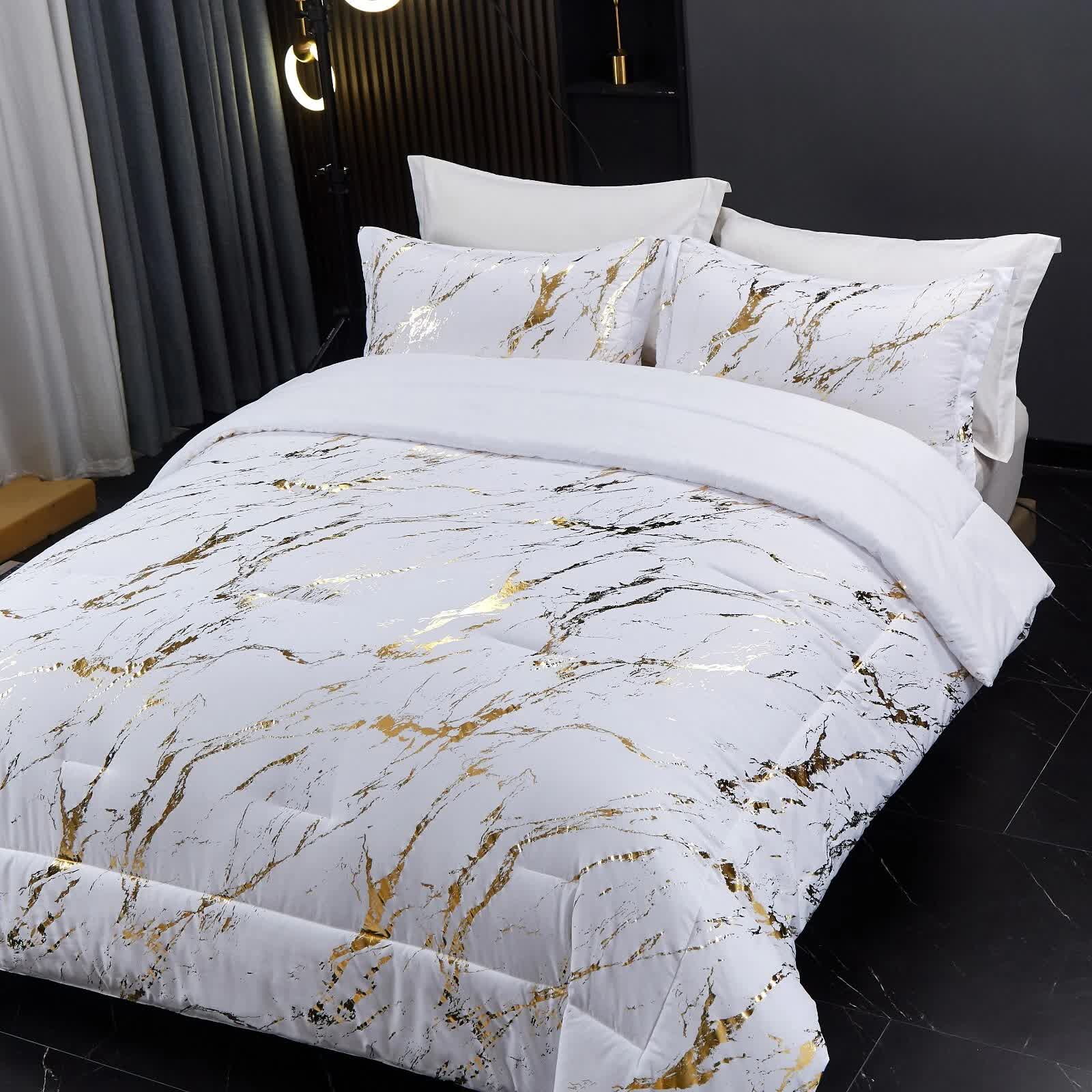 Cloud Rest Bedding Collection – Minimal 3‑Piece Comforter set with white and gold marble pattern on a modern bed setup