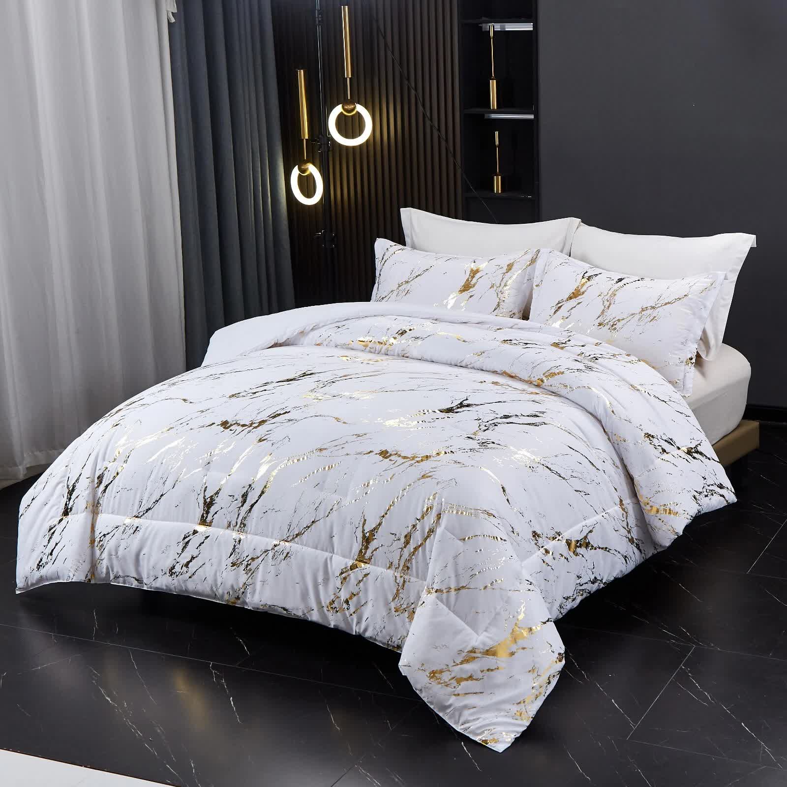 Cloud Rest Bedding Collection – Minimal 3‑Piece Comforter set on bed with white and gold marble design in modern bedroom setting