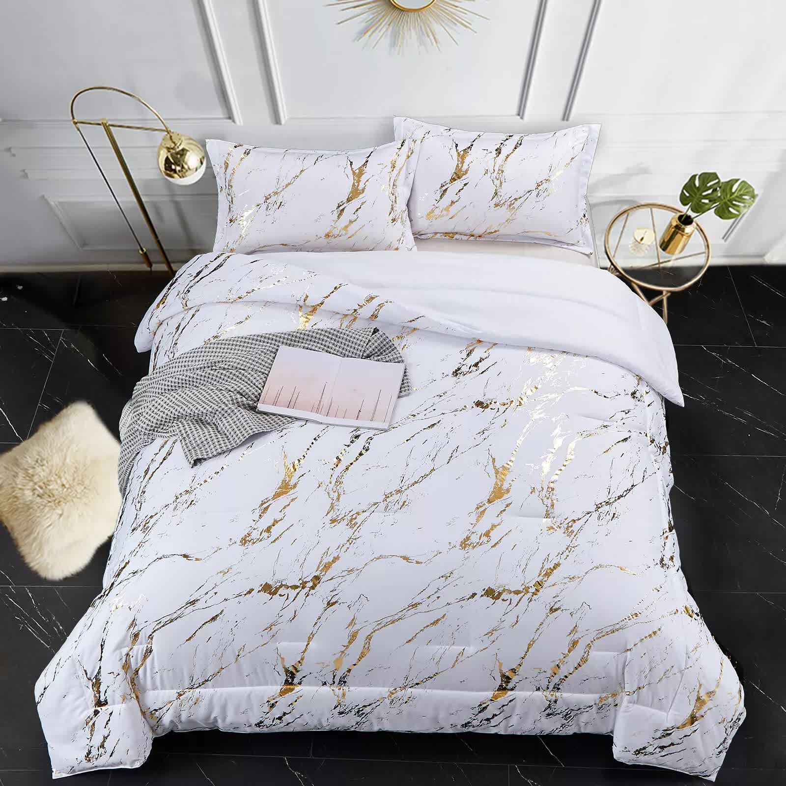 Cloud Rest Bedding Collection – Minimal 3‑Piece Comforter with marble pattern, white and gold design on a styled bed setting