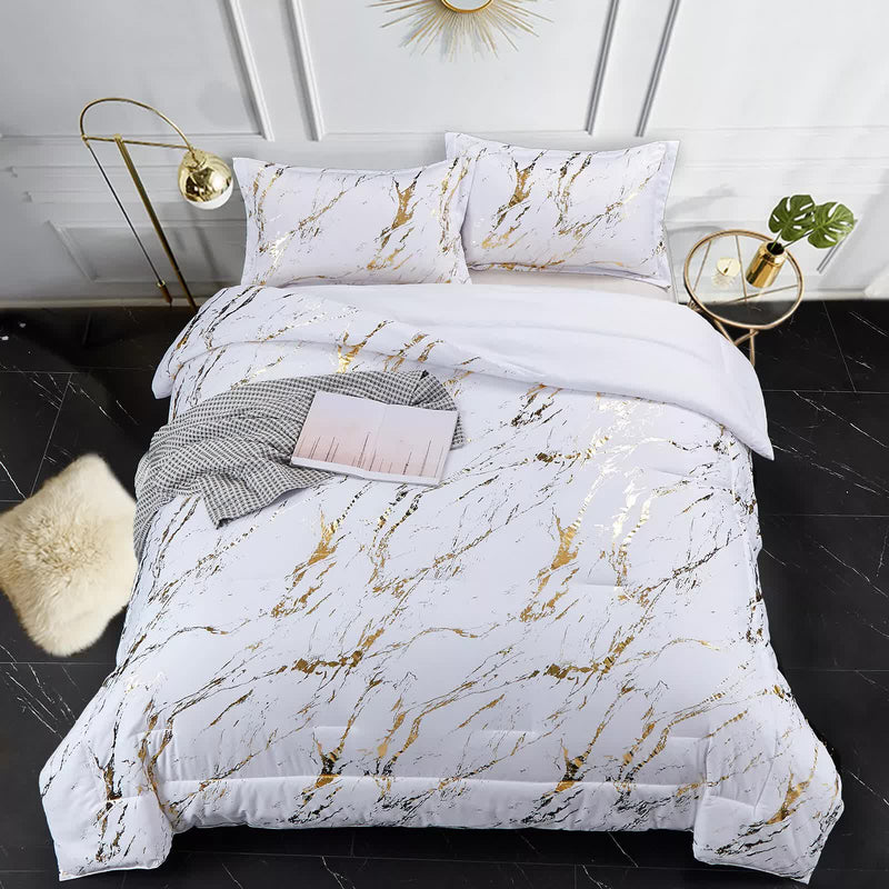 Cloud Rest Bedding Collection – Minimal 3‑Piece Comforter with marble pattern, white and gold design on a styled bed setting
