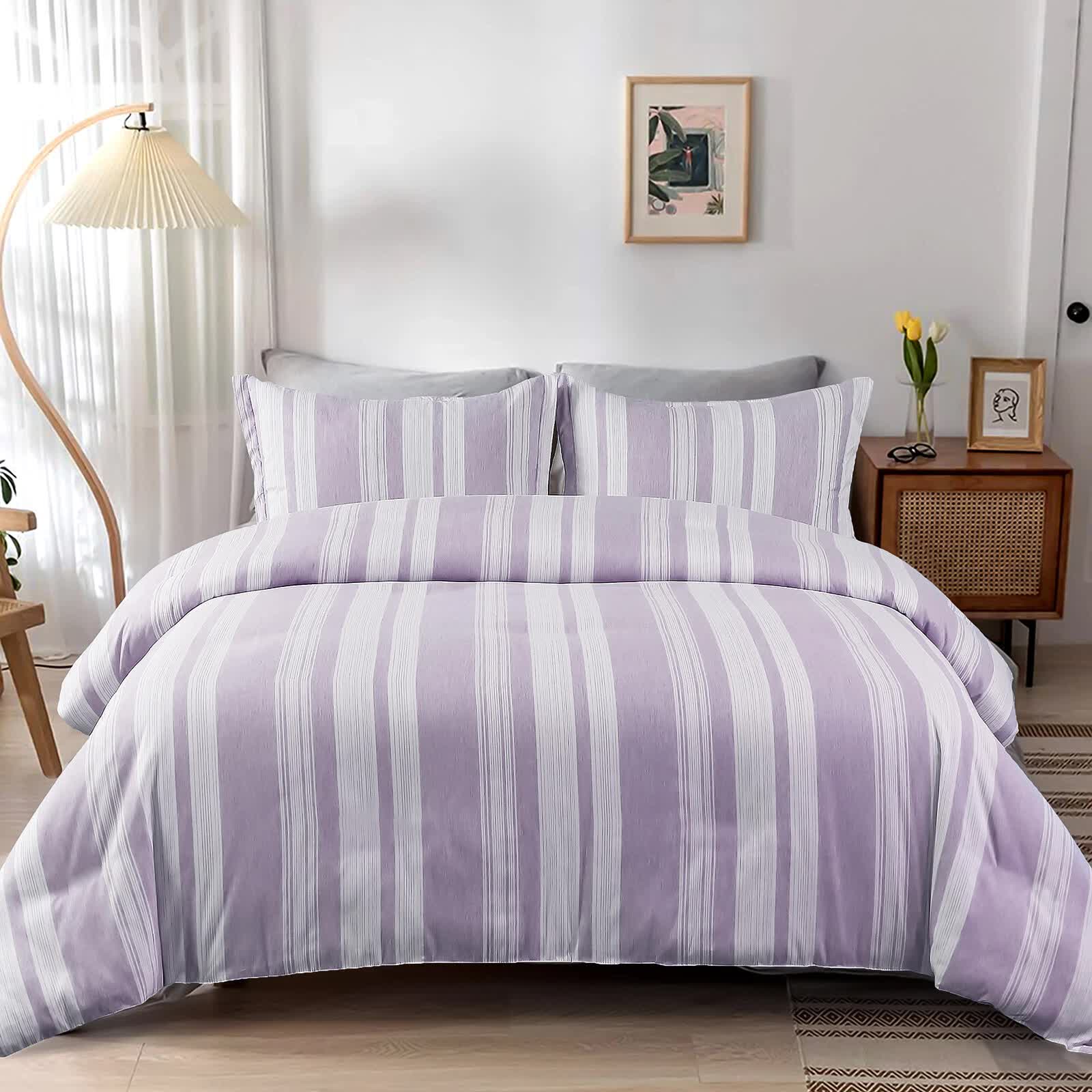 Midnight Calm stripes purple 3‑Piece Bedding – Cozy comforter Style on bed with light wood furniture in bedroom setting