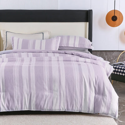 Midnight Calm stripes purple 3‑Piece Bedding – Cozy comforter Style with striped purple comforter and matching pillows on bed