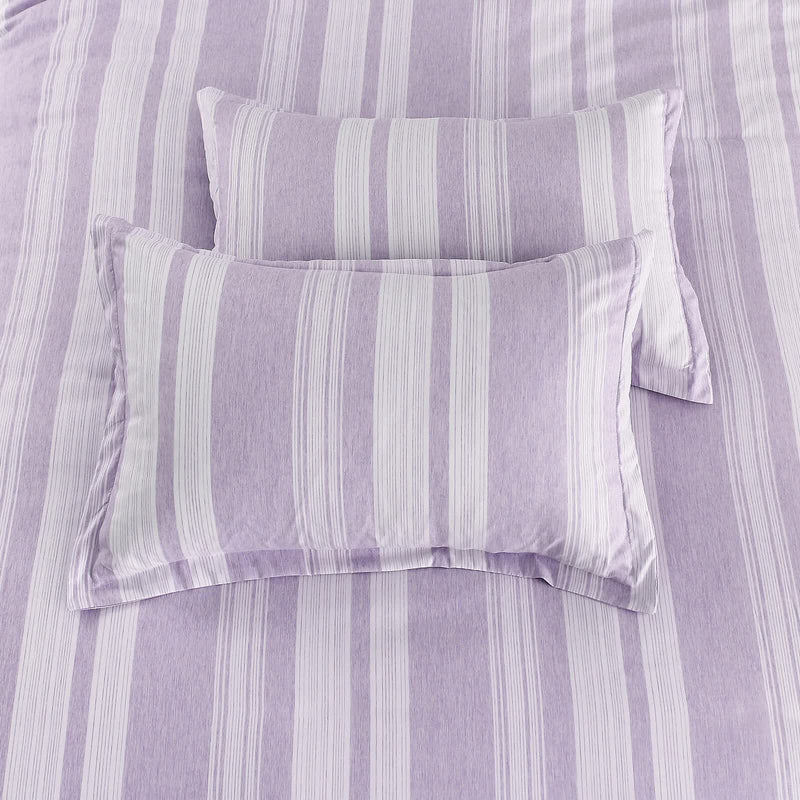 Midnight Calm stripes purple 3‑Piece Bedding – Cozy comforter Style with lavender and white striped pillows on matching bedspread