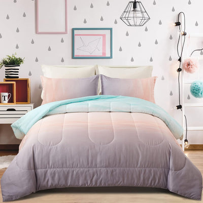 Girls Comforter Set, Queen Size, Ombre Blue Pink Rainbow 3-Piece Bedding Collection displayed on a styled bed with pillows