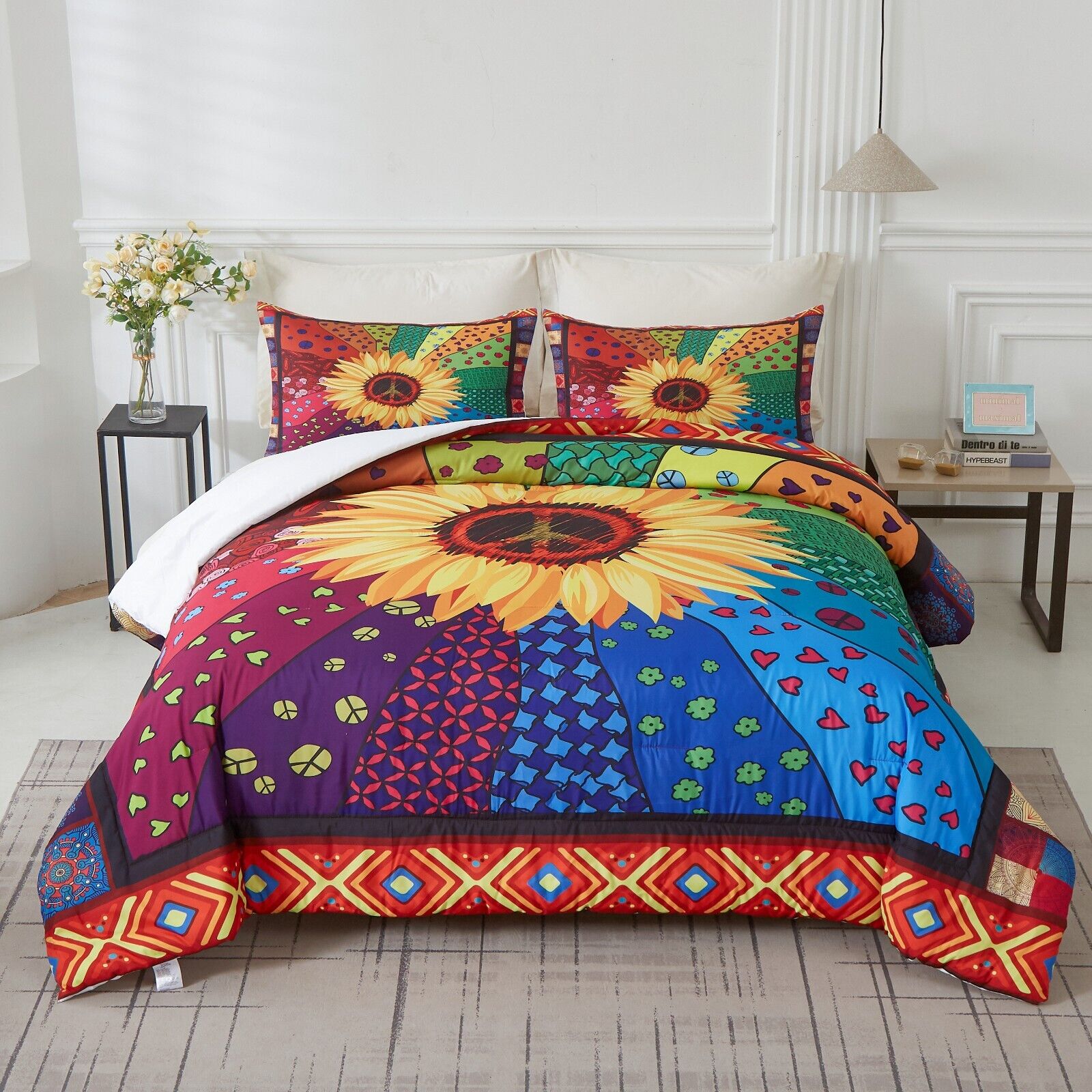 Floral Sunflower Comforter Set, King Size, Quilted Bedding with Pillowcases featuring colorful sunflower and geometric patterns on a bed