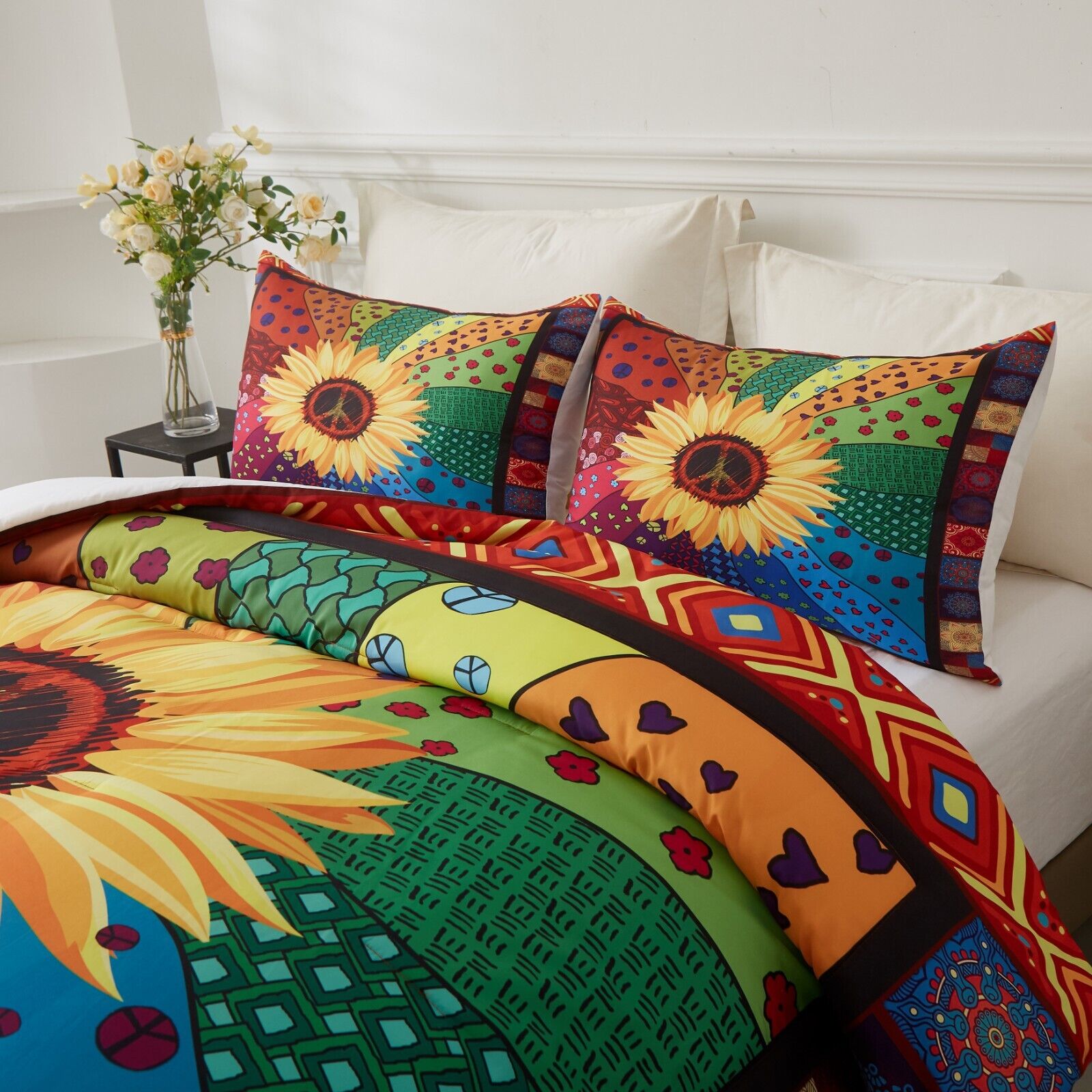Floral Sunflower Comforter Set, King Size, Quilted Bedding with Pillowcases featuring vibrant multicolor sunflower design on bedzy bed.