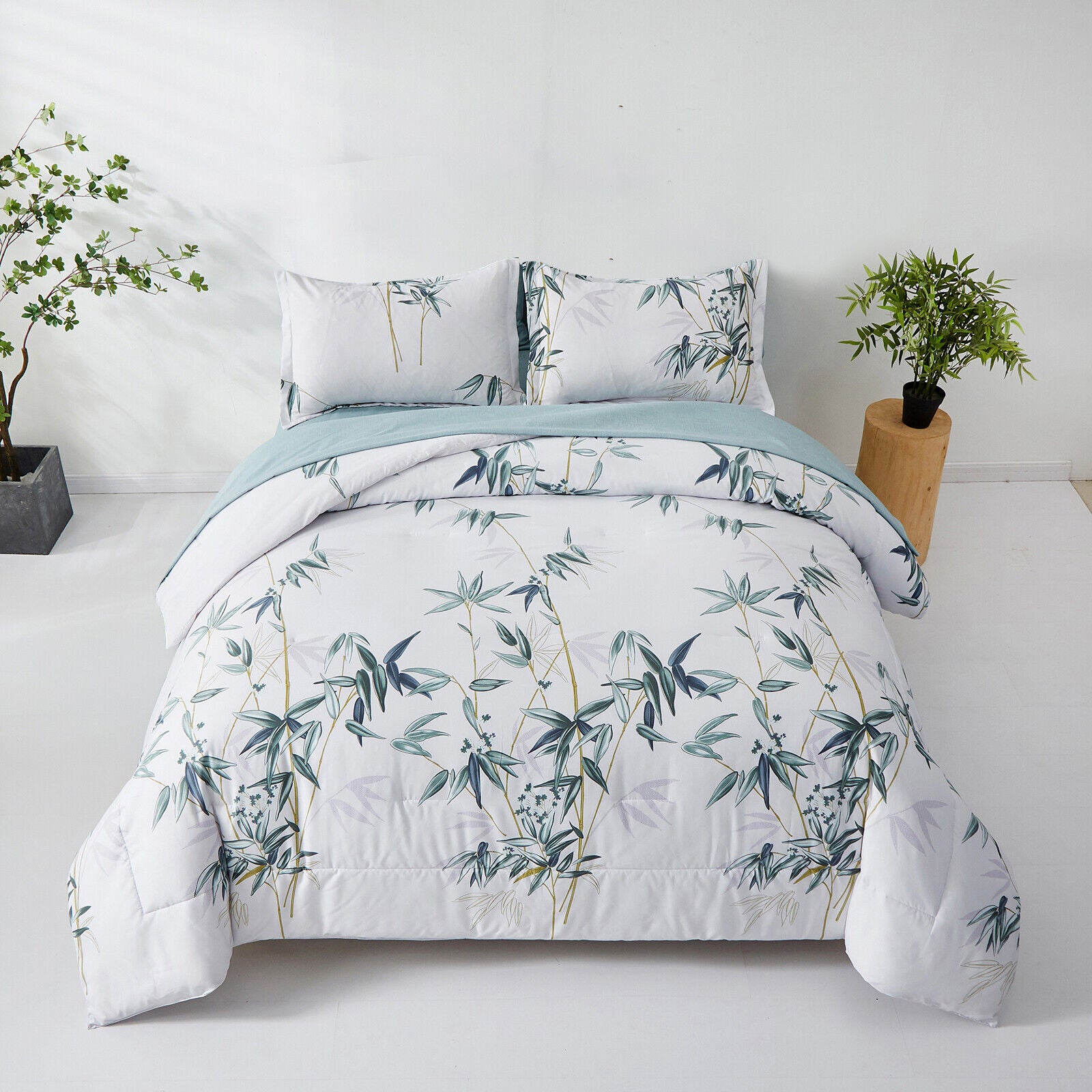 Floral Leaves Comforter Set, King Size, Quilted Bedding with Pillowcases featuring botanical print on white background in modern bedroom setup