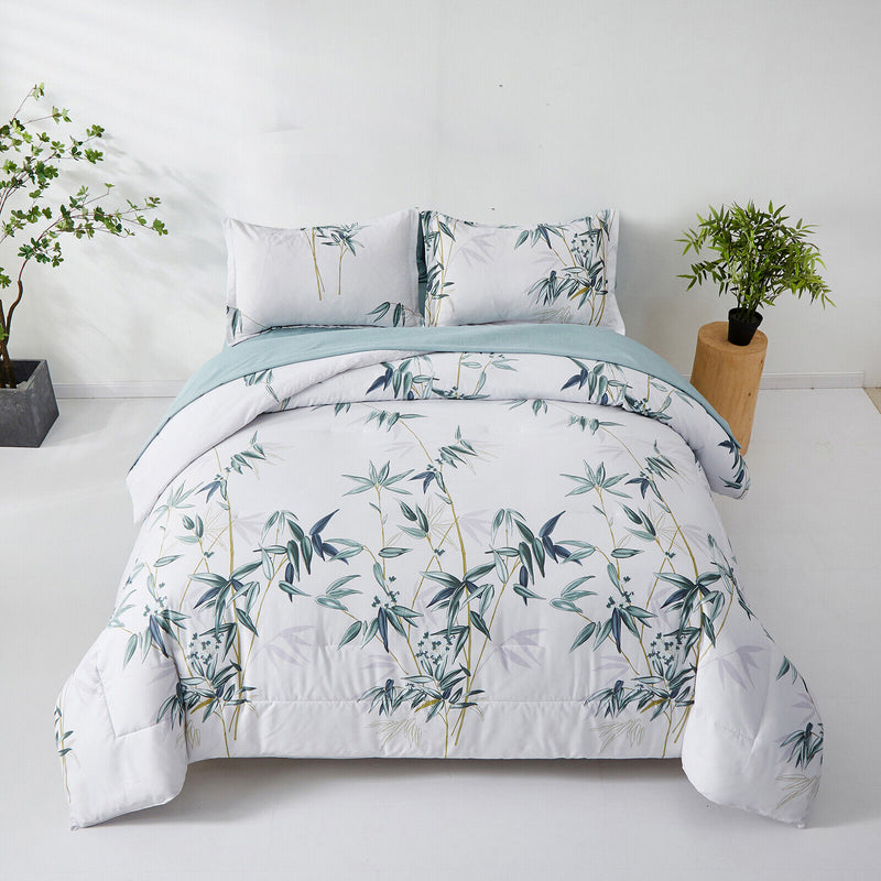 Floral Leaves Comforter Set, King Size, Quilted Bedding with Pillowcases featuring botanical print on white background in modern bedroom setup