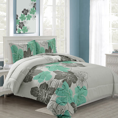 Floral Comforter Set, King Size, Green Floral 3-Piece Bedding, Lightweight Microfiber on white bed in bedroom setting