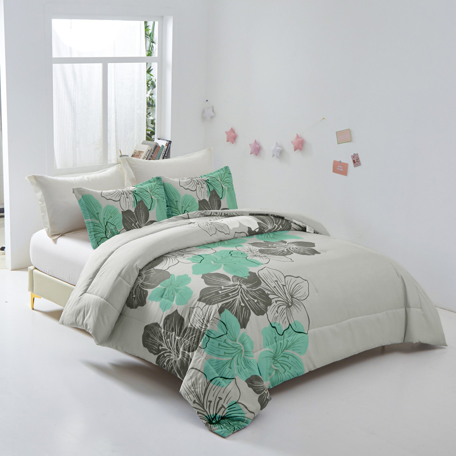 Floral Comforter Set, King Size, Green Floral 3-Piece Bedding, Lightweight Microfiber on modern bed in bright bedroom setting