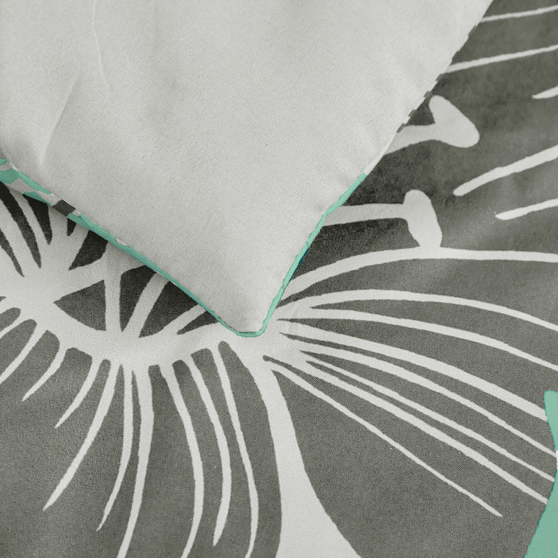 Close-up of Floral Comforter Set, King Size, Green Floral 3-Piece Bedding, Lightweight Microfiber showing fabric texture and pattern details