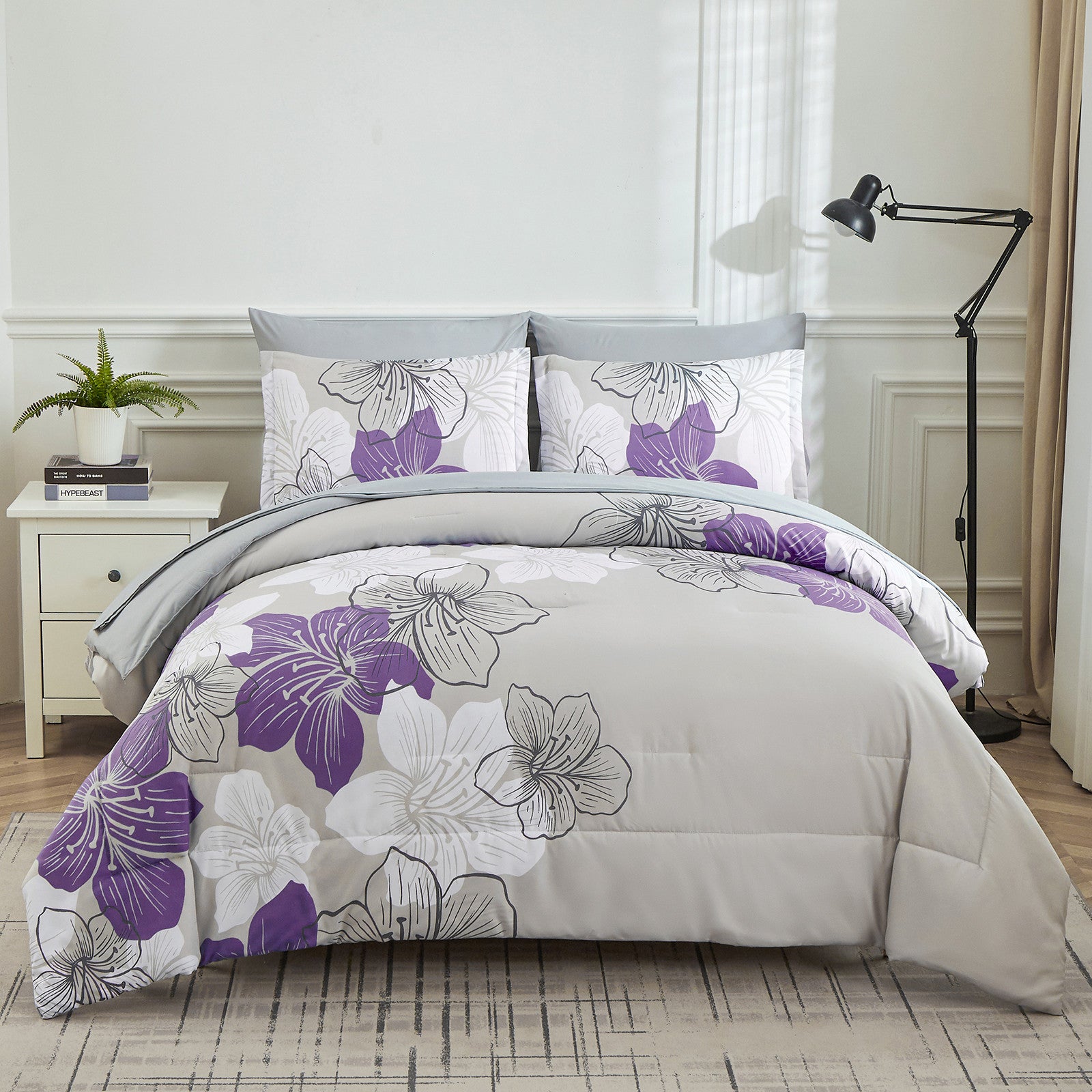 Floral Comforter Set, King Size, Purple Floral 3-Piece Bedding, Lightweight Microfiber displayed on made bed with modern bedroom decor