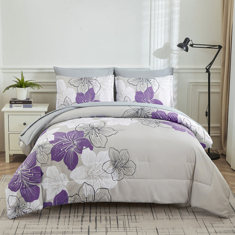 Floral Comforter Set, King Size, Purple Floral 3-Piece Bedding, Lightweight Microfiber displayed on made bed with modern bedroom decor