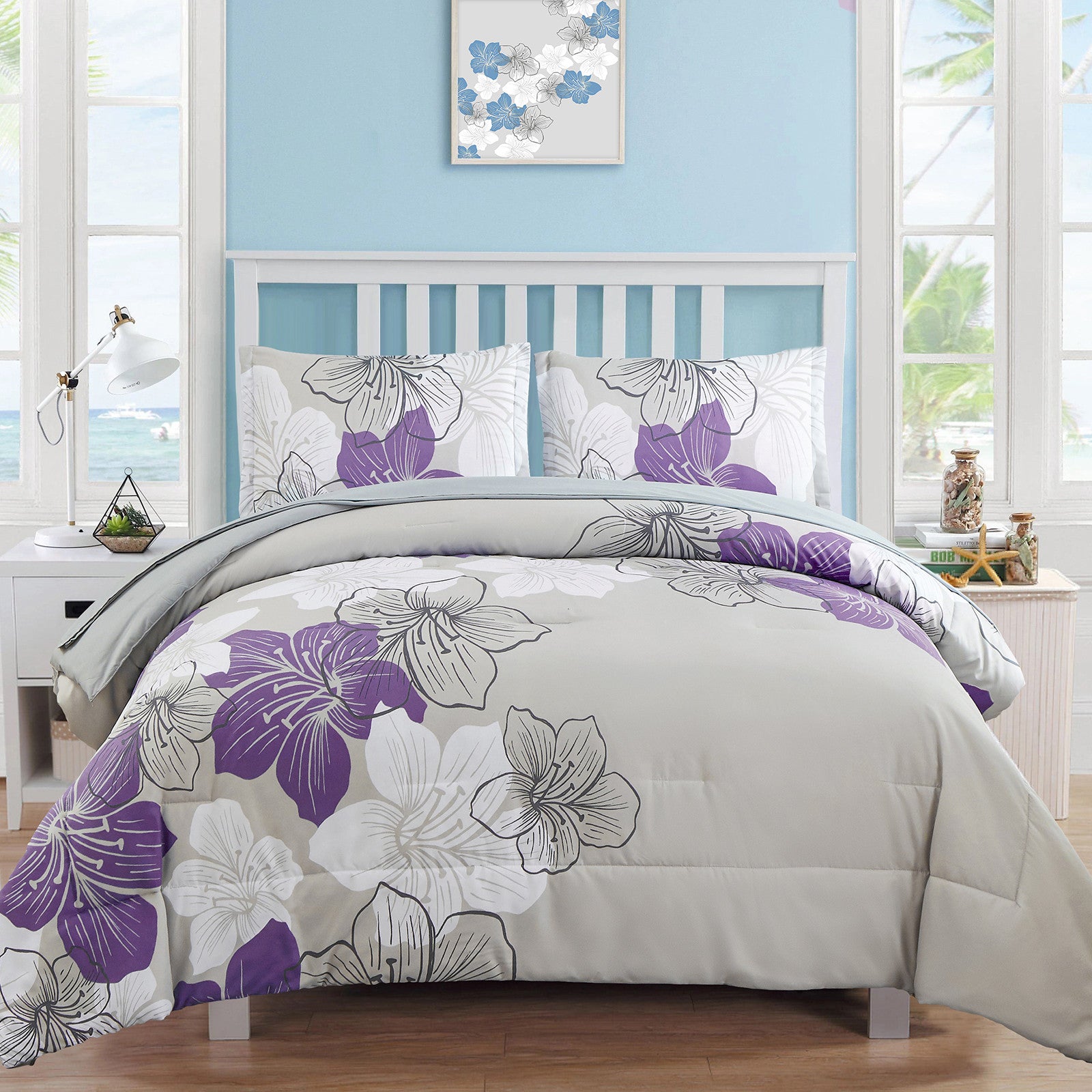 Floral Comforter Set, King Size, Purple Floral 3-Piece Bedding, Lightweight Microfiber on white slatted bed with coastal decor