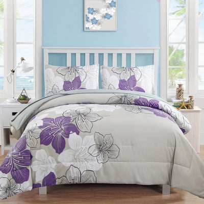Floral Comforter Set, King Size, Purple Floral 3-Piece Bedding, Lightweight Microfiber on white slatted bed with coastal decor