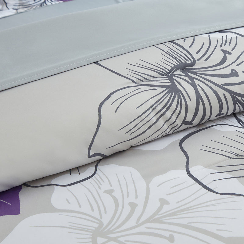 Floral Comforter Set, King Size, Purple Floral 3-Piece Bedding, Lightweight Microfiber with gray and white floral pattern close-up