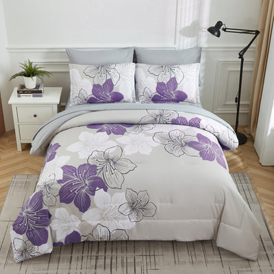 Floral Comforter Set, King Size, Purple Floral 3-Piece Bedding, Lightweight Microfiber on bed with nightstand and lamp in bedroom setting
