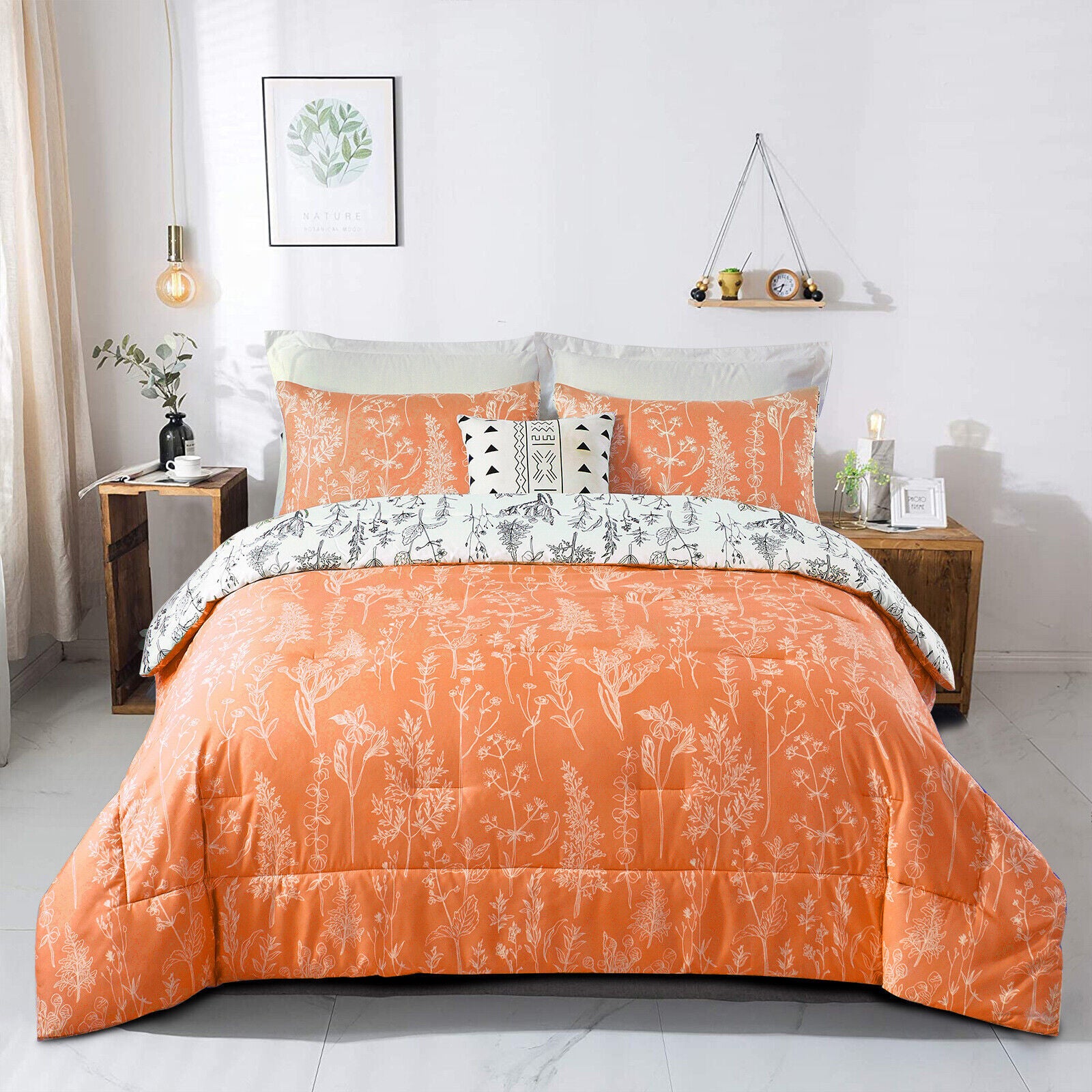 Charming Autumn Warm oranage 3 Pc Comforter & Pillow Cover Set on bed with wooden nightstands and decor
