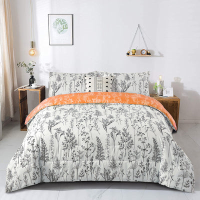 Charming Autumn Warm oranage 3 Pc Comforter & Pillow Cover Set on bed with botanical print and bedroom furniture.