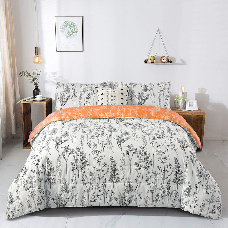 Charming Autumn Warm oranage 3 Pc Comforter & Pillow Cover Set on bed with botanical print and bedroom furniture.