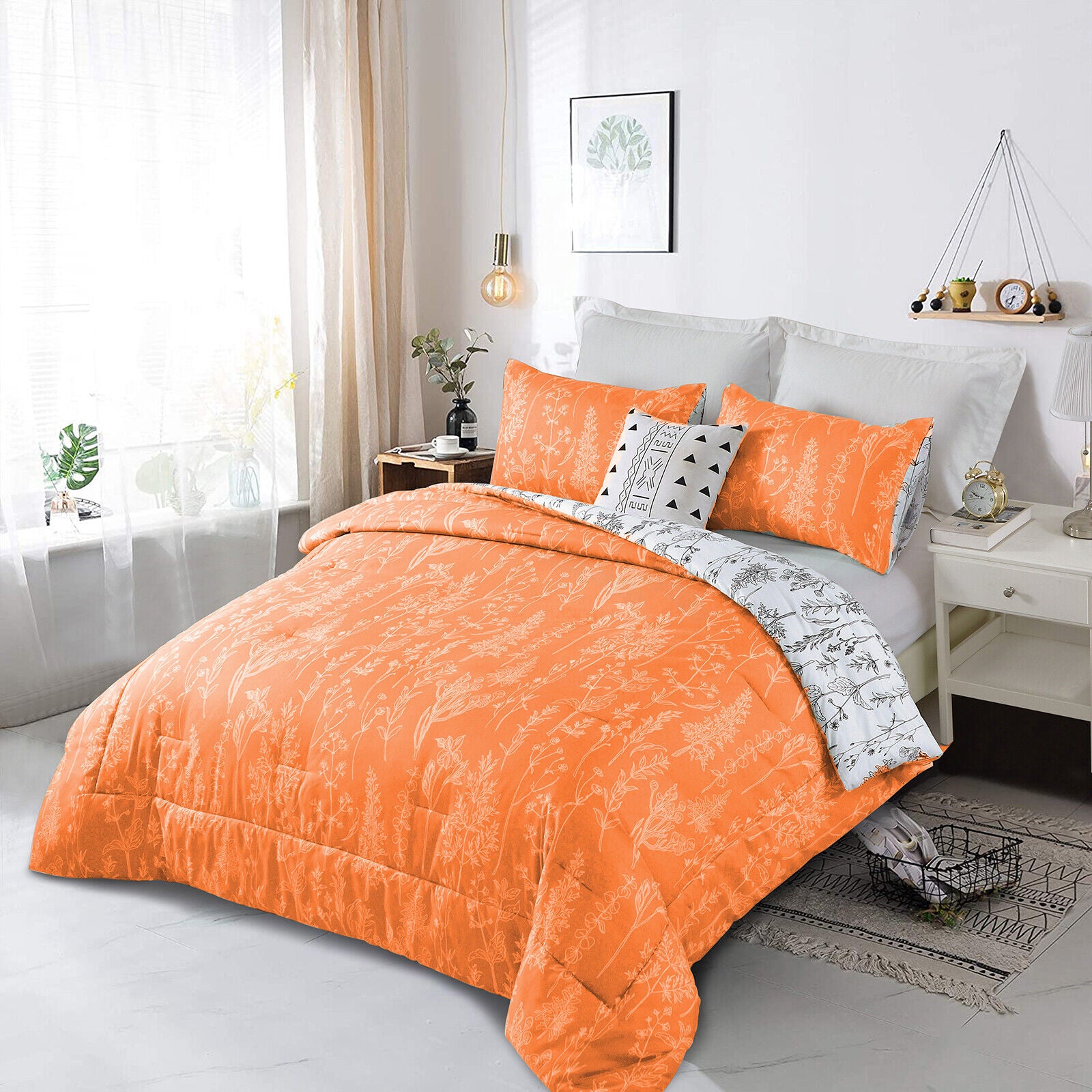 Charming Autumn Warm oranage 3 Pc Comforter & Pillow Cover Set on bed in bright bedroom with white walls and natural light