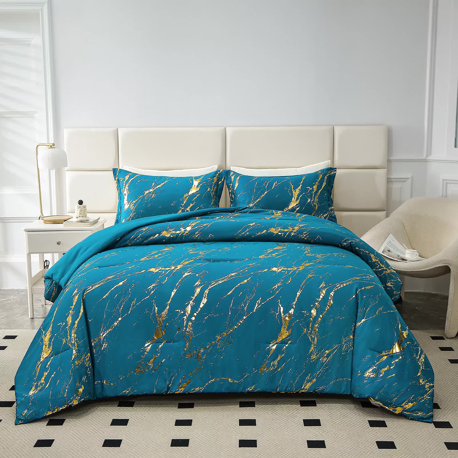 Cozy Cloud 3 Teal ‑Piece Comforter Bundle – Instagram‑Ready Bedroom with gold-accented teal bedding in modern bedroom setting