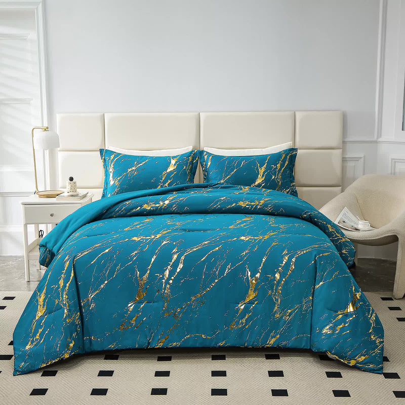 Cozy Cloud 3 Teal ‑Piece Comforter Bundle – Instagram‑Ready Bedroom with gold-accented teal bedding in modern bedroom setting