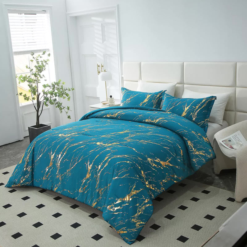 Cozy Cloud 3 Teal ‑Piece Comforter Bundle – Instagram‑Ready Bedroom with teal and gold patterned bedding in modern bedroom setting